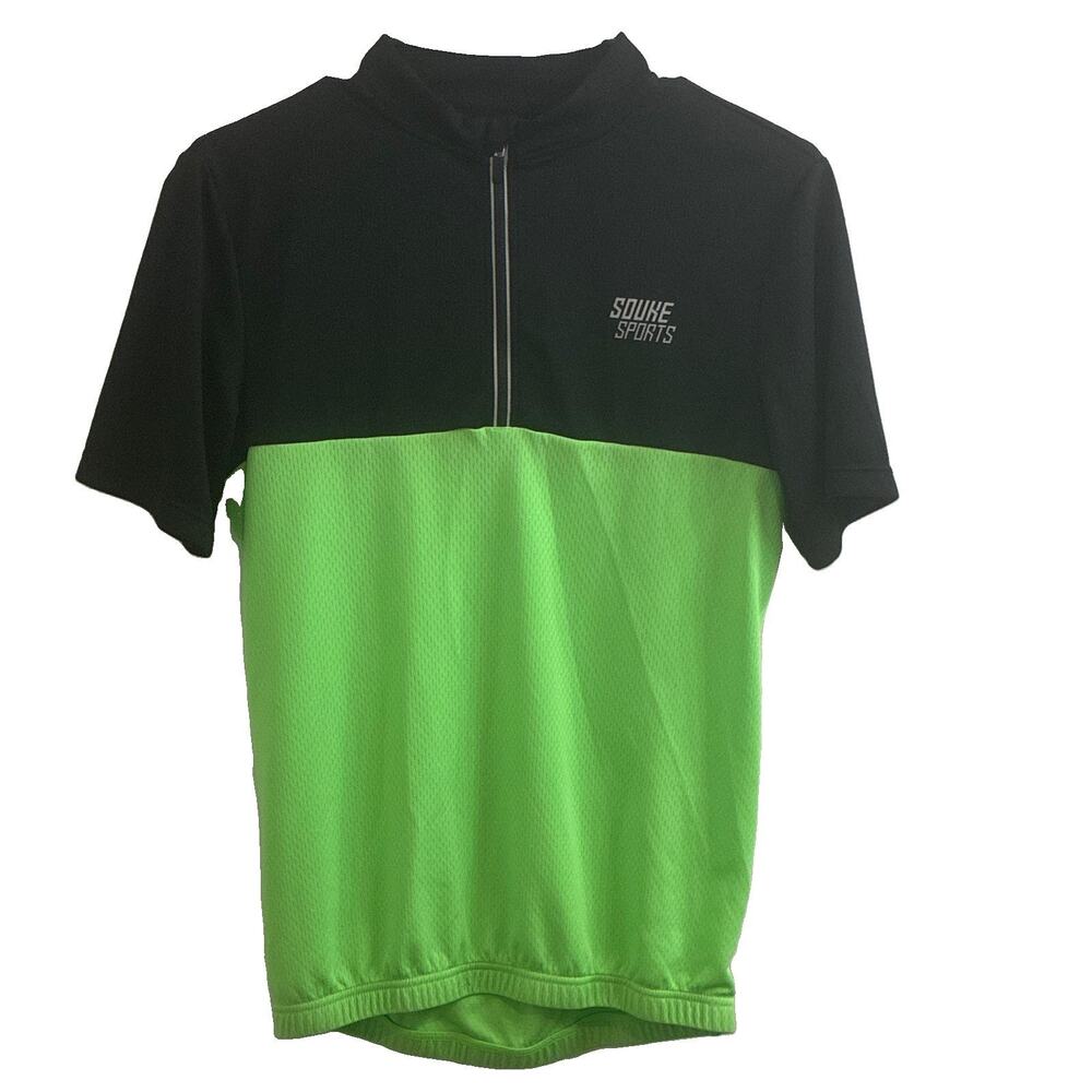 Souke Sports Cycling Jersey S Black/Green Colorblock 1/4 Zip Mock Neck